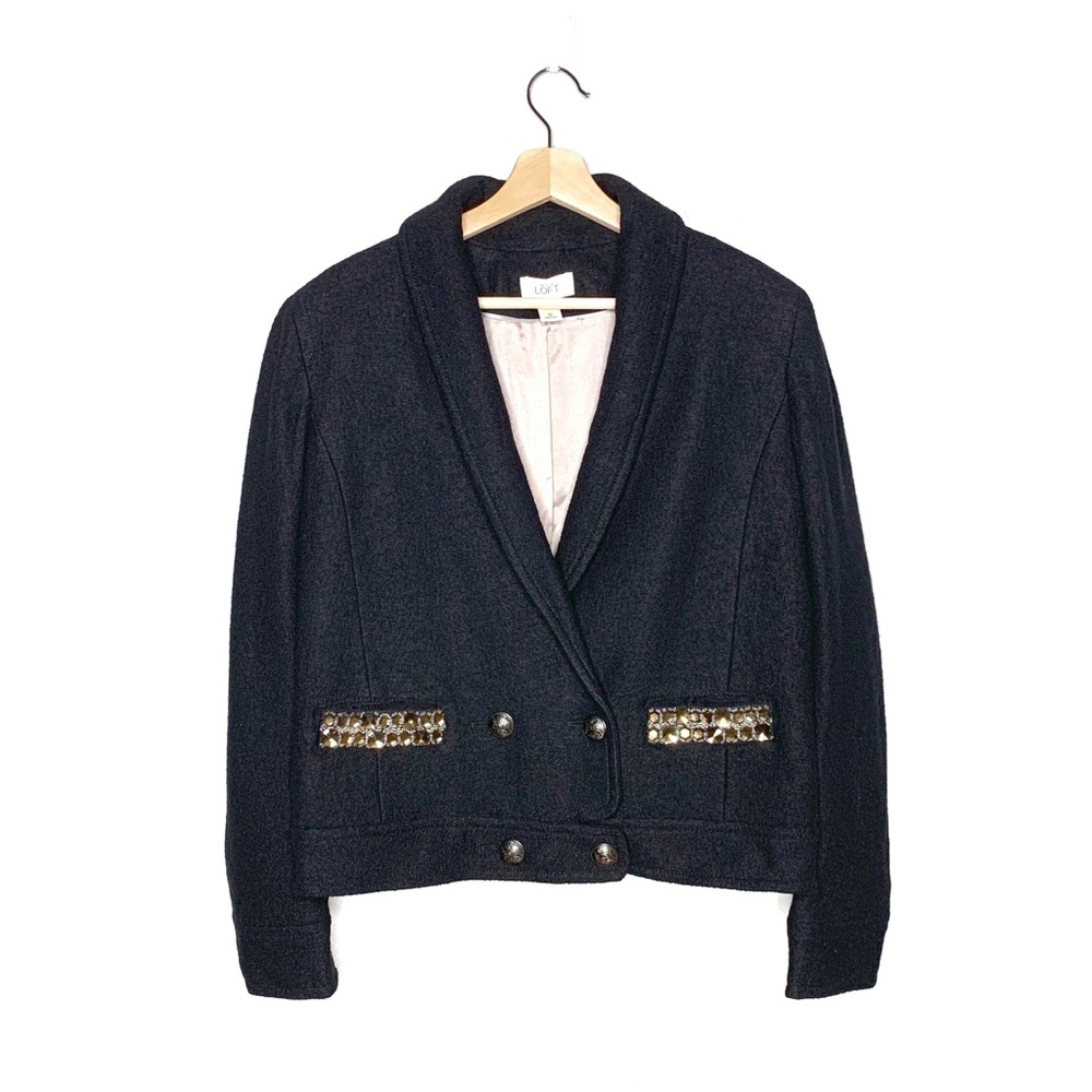 LOFT black wool blend coat with jeweled pockets